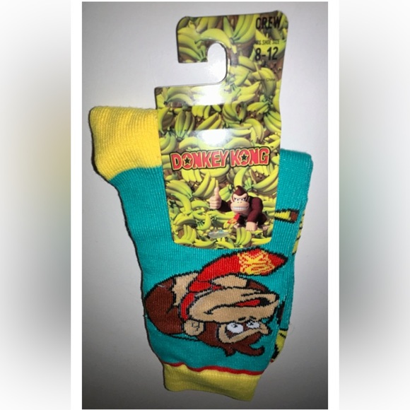 Donkey Kong Crew Socks 1 Pair Men 8-12 Green Yellow w Bananas & DK Face Nintendo - Picture 12 of 12